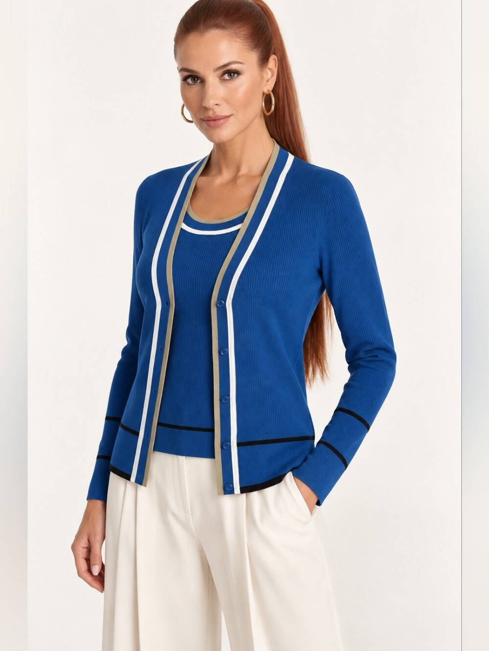 Akris Punto Cardigan & Tank Top Set Blue Colorblock Rib Knit Wool US 6